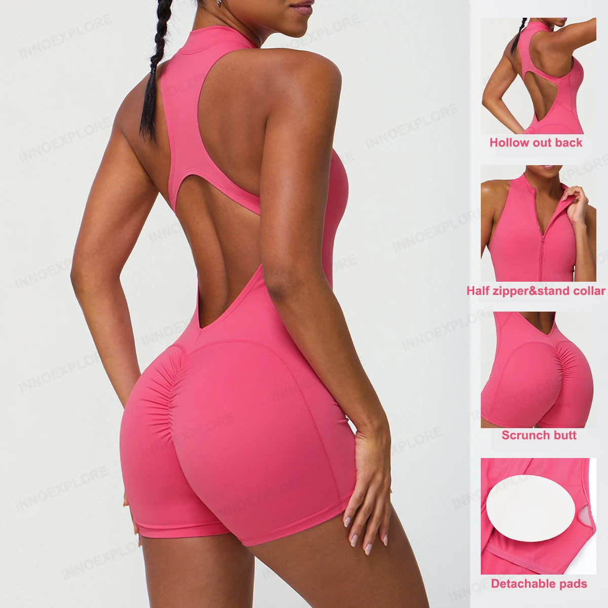 Women Gym Jumpsuit Stand Collar Workout Bodysuit Half Zipper Yoga Playsuit Scrunch Butt Fitness Romper Sport Suit Women Clothing