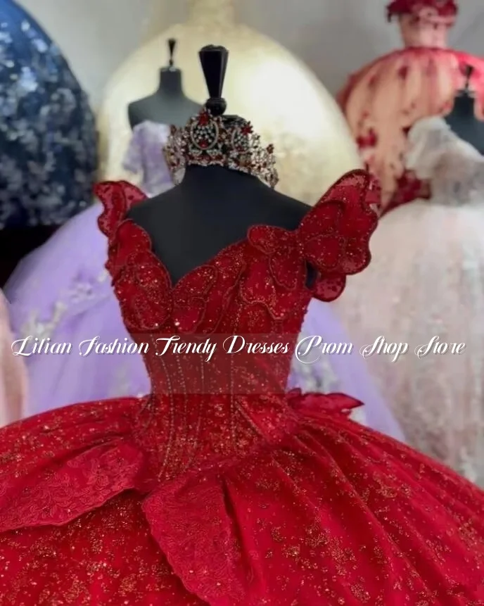 Sparkly Red Butterfly Princess Quinceanera Dresses Off Shoulder Gillter Applique Sequins Customised vestido de debutante 15 anos