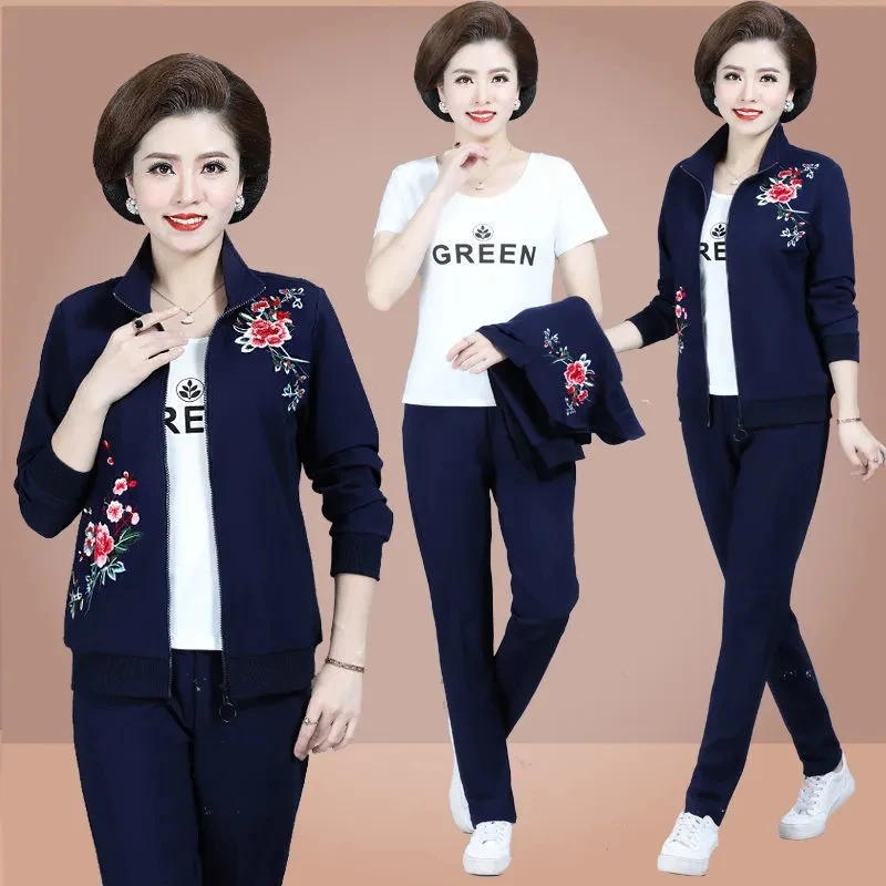 Women Tracksuits Set Middle-Aged Mom Spring Autumn Printing Jacket+Trousers 2 Piece Set Mom 2 Pieces Suit Sportswear Suit 2PCS