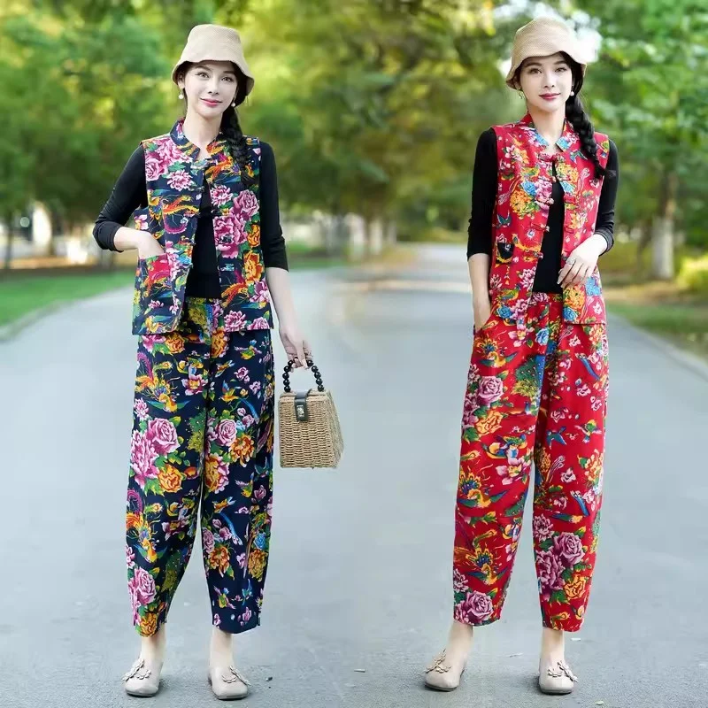 2024 New Spring/Summer Cotton Linen Vest Set Women Pants Northeast Big Flower Clothes Short Ethnic Style Waistcoat Outfit z4848