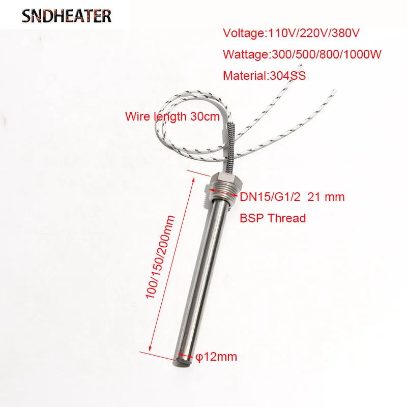 SNDHEATER 1pc 110V 220V 380V DN15/21mm Thread Cartridge Heater Single Head Heat Tube 12x100-200mm 300-1000W for Plastic Molding