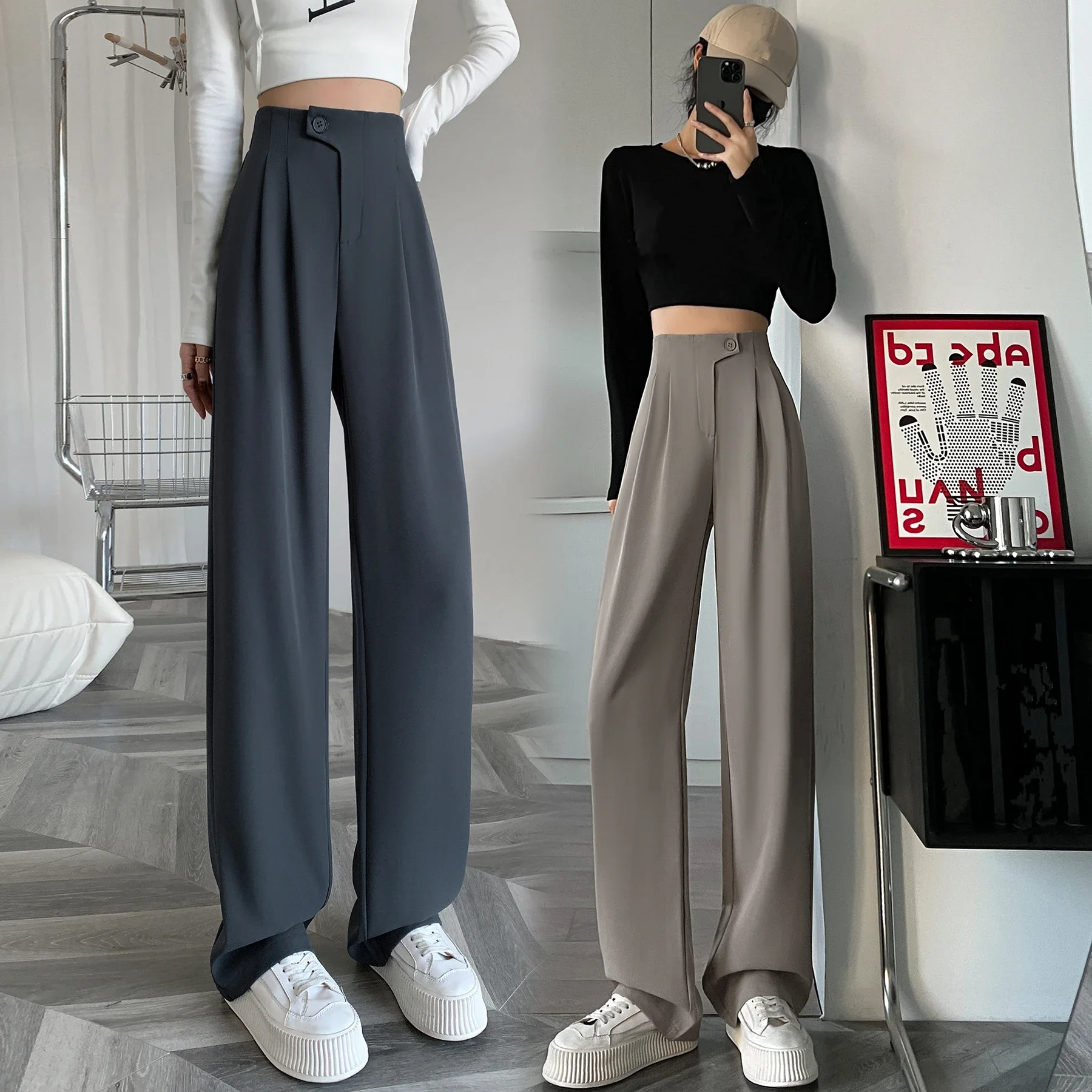 

Women's Full Pants High Waist Buttons Suit Wide Leg New Spring Summer Female Elegant Minimalism Straight Loose Trousers