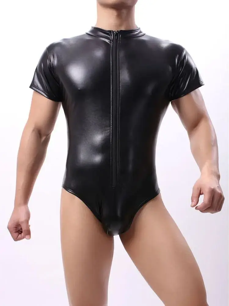 S-4XL Short Sleeve Shiny Faux PU Leather Bodysuit Men Front Zipper Tshirt Tights Hot Shapers Sexy Body Teddies Leotard Unitard