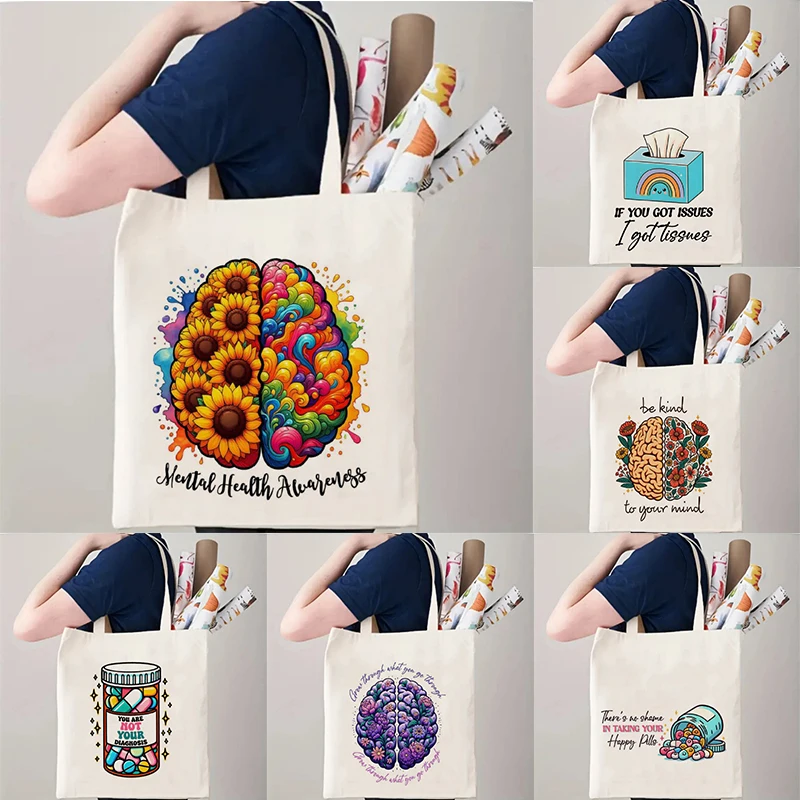 

Mental Health Printing Ladies Handbag Casual Shoulder Bag Eco-friendly Large Capacity Portable Travel Shopping Bag Schoolbag