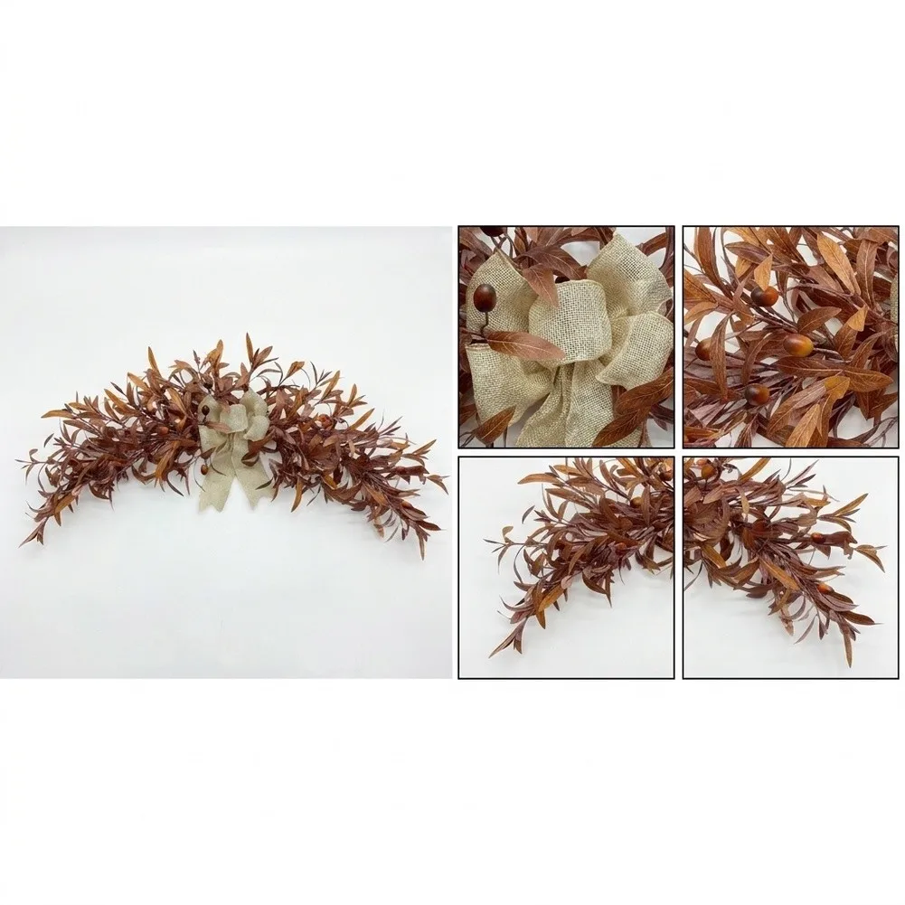 Coffee Brown Autumn Wreath 80 cm Realistic Olive Ornaments Layered Elongated Leaves Hanging Swag for Doors Mantels