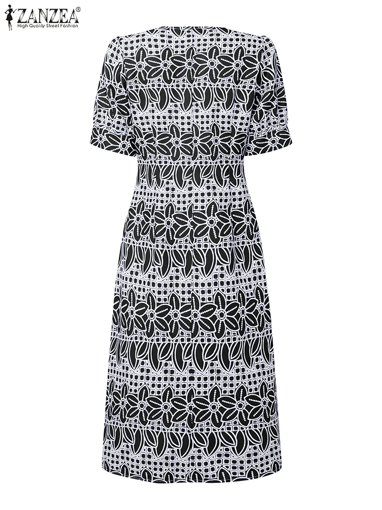 ZANZEA femmes élégant imprimé fleuri Robes mi-longues 2025 été chic col en v manches courtes bouffantes a-ligne Robes Femme boutonné Robes