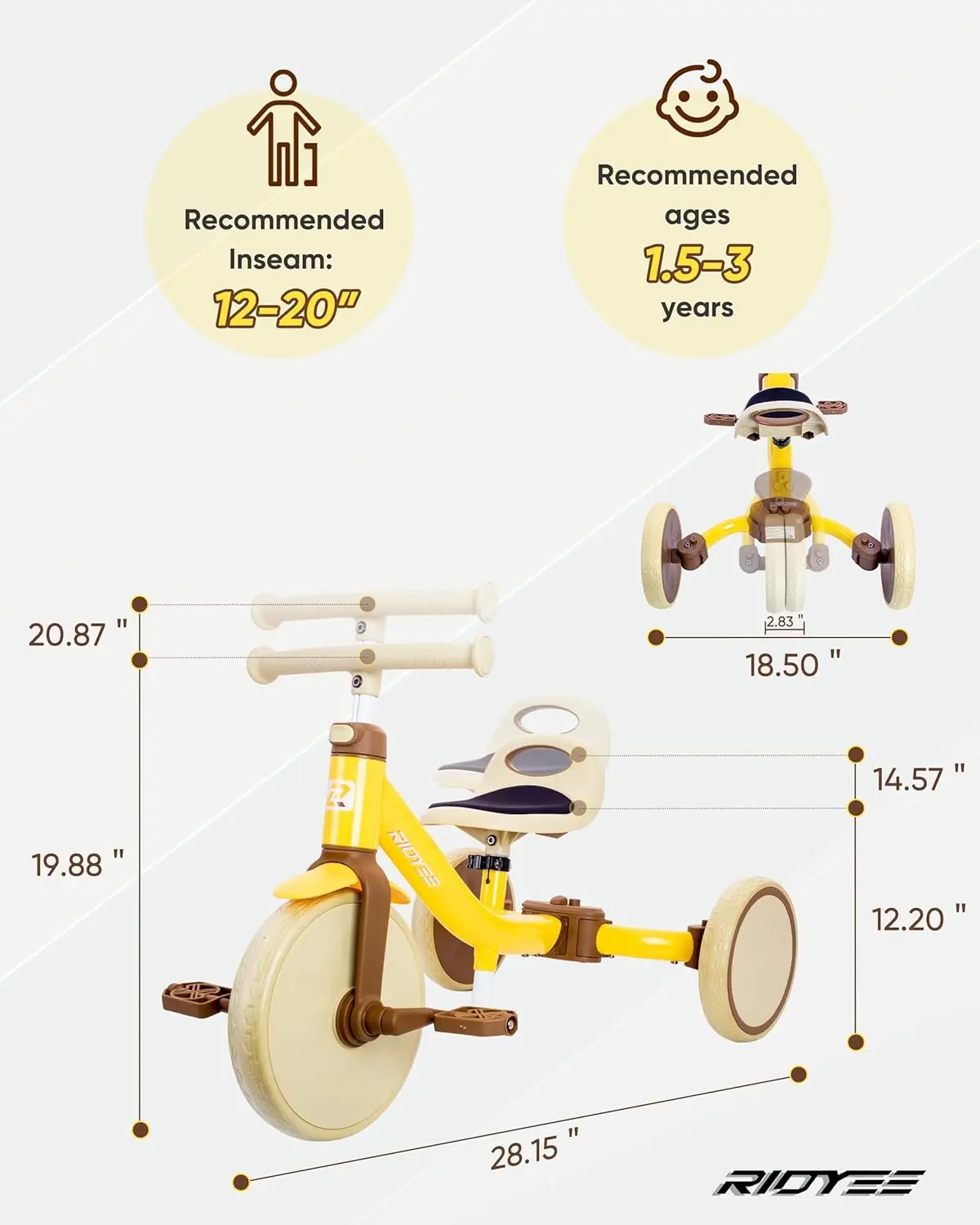 Triciclo infantil 4 en 1 para edades de 18 meses a 3 años, interruptor de modo sin herramientas, triciclo para niños pequeños 1,5-3 con un solo clic de altura