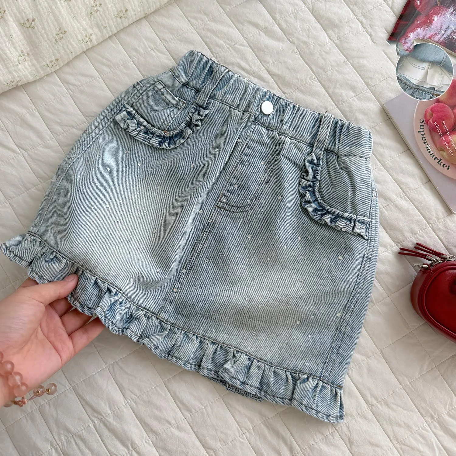 High Waist Diamond Lace Denim Half Skirt for Girls 2026 Summer New A-line Package Hip Anti Light Skirts Mini Slim Skirt