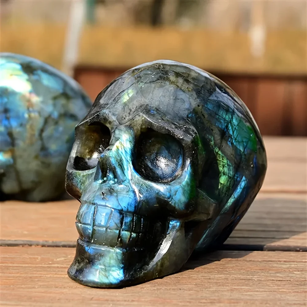 1pc Labradorite Skull Stone Bohemian Gothic Decor with Iridescent Hand Carved Polished for Home Jewelry Making Halloween