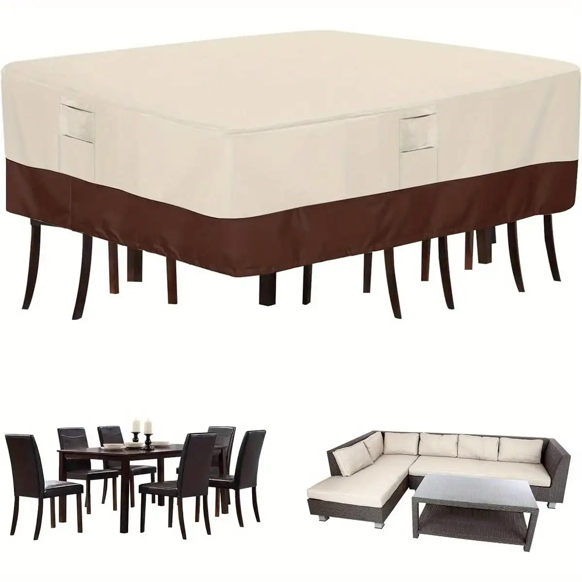 Square Outdoor Patio Furniture Set Cover Waterproof Anti-UV Dustproof Two-tone Garden Table Chair Protective Cover with Side Sto
