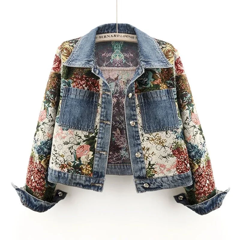 

Women's New Versatile Print Spliced Long Sleeved Polo Neck Denim Coat 2025 Autumn Female Korean Short Top Button Loose jacket