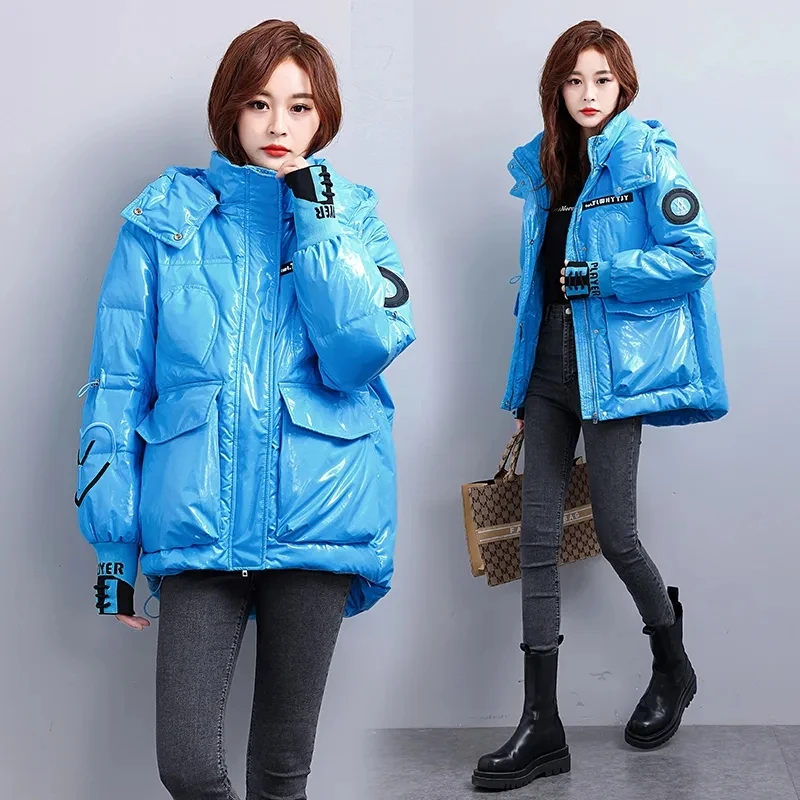 Womens Loose Print Padded Down Jacket Cotton Coat Bright Wash Free Thicken Parkas Female Outerwear New Winter Jackets