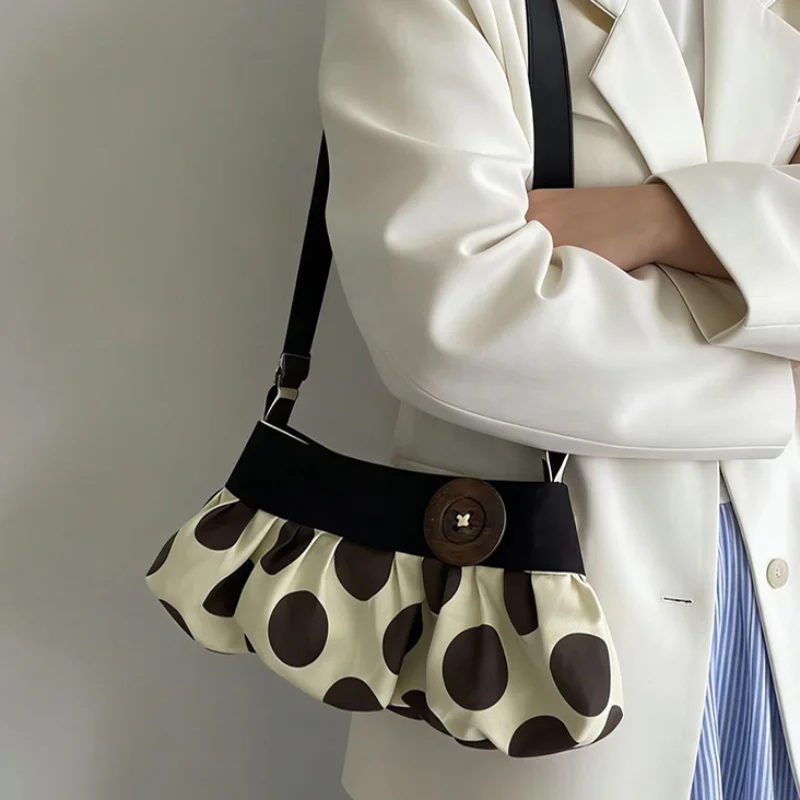

Retro Polka Dot Shoulder Bag Wooden Button Decor Handbag Pleated Design Soft Dumpling Bag Striped Pattern Casual Commuter Bag