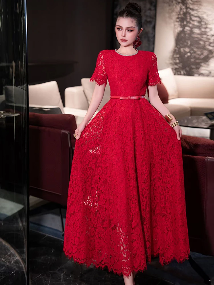 DSXDFACAIRIJ – robe Vintage en dentelle pour femmes, couleur unie, col rond avec diamants, manches courtes, ceintures, robes d'été à la mode