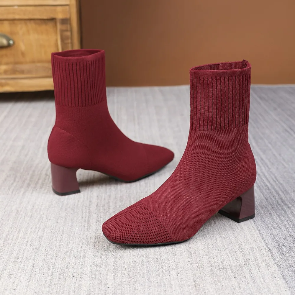 

Elastic Boots Women's Winter Elastic Thick Heel Skinny Boots Knitted Socks Boot Black Square Heel Women's Shoes Ankle Bootie