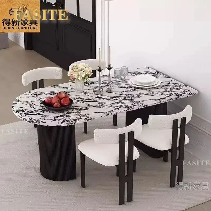 For French Retro Marble Dining Table Set Light Luxury Semi-Circular Island Modern Simple Oval Design for Small Apartment