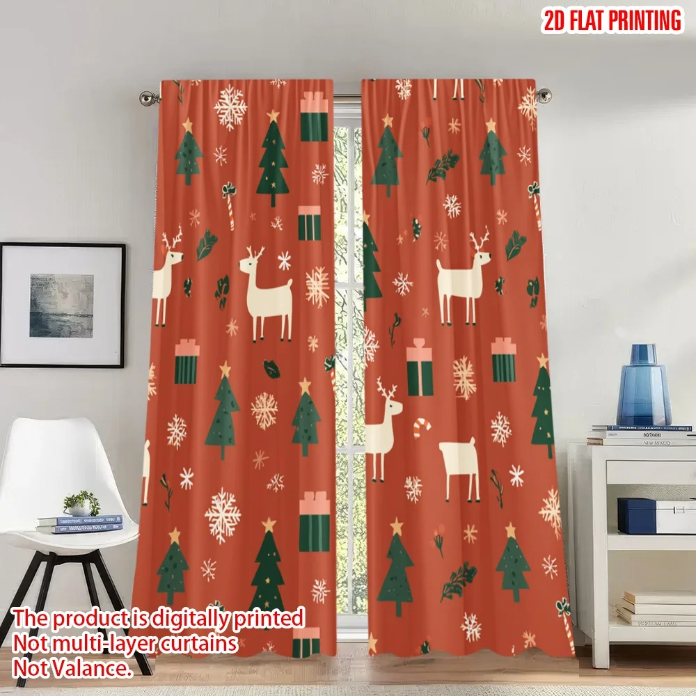 

2pcs 2D flat printing Happy Christmas Party Curtains Christmas Reindeer Trees Gifts Digital Printed Polyester Drapes Festive