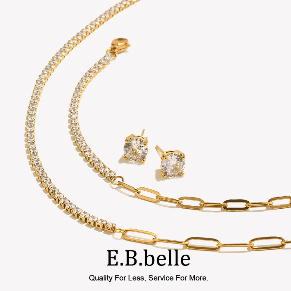 E.B.belle Zircon Chain Splicing Paper Clip Bracelet 18K Gold Plated Women\'s Earrings 316L Stainless Steel Accessories