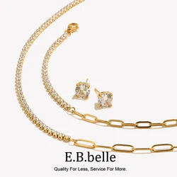 E.B.belle Zircon Chain Splicing Paper Clip Bracelet 18K Gold Plated Women's Earrings 316L Stainless Steel Accessories