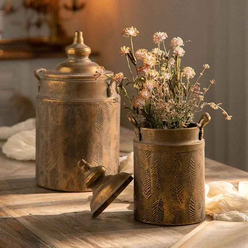 American retro, old wrought iron vase, golden desktop flower tube floral class, flower arrangement bed and breakfast