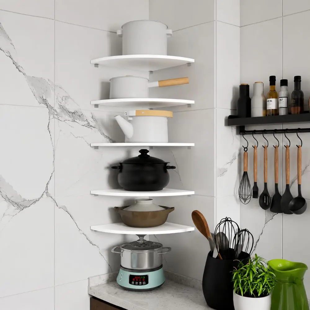 PVC Floating Corner Shelf Wall Mount Quarter Circle Wall Corner Storage Rack Multifunctional Home Floating Shelves Kitchen