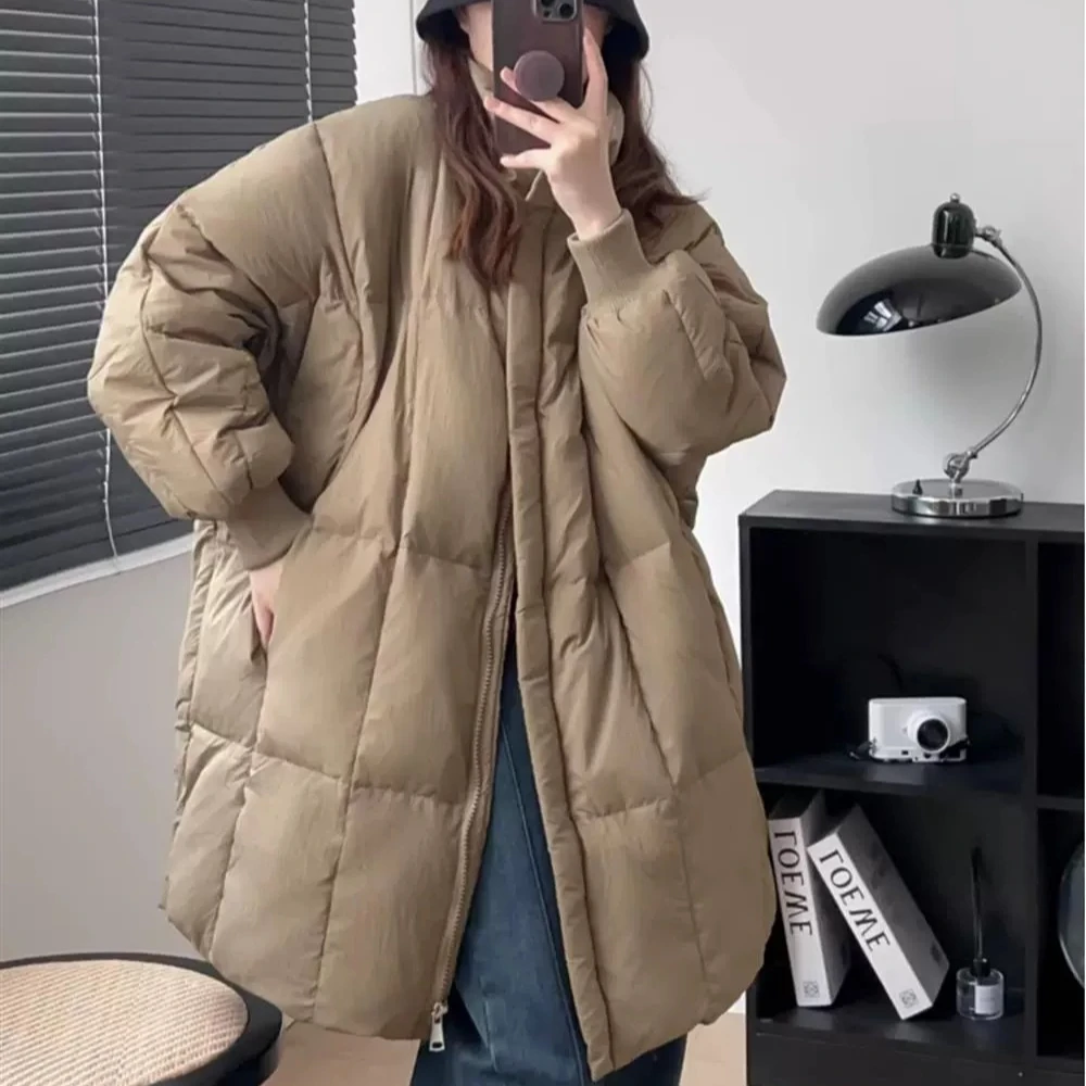Winter Thick Padded Cotton Coat Stand Collar Zip Up Loose Warm Mid Long Casual Basic Daily Classic Outerwear Parka Padded Coat