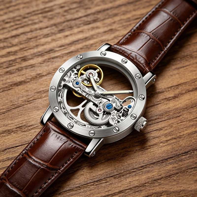 Luxury Brand WOONUN Leather Strap Transparent Dial Golden Case Mens Watches Automatic Mechanical Orologio Men
