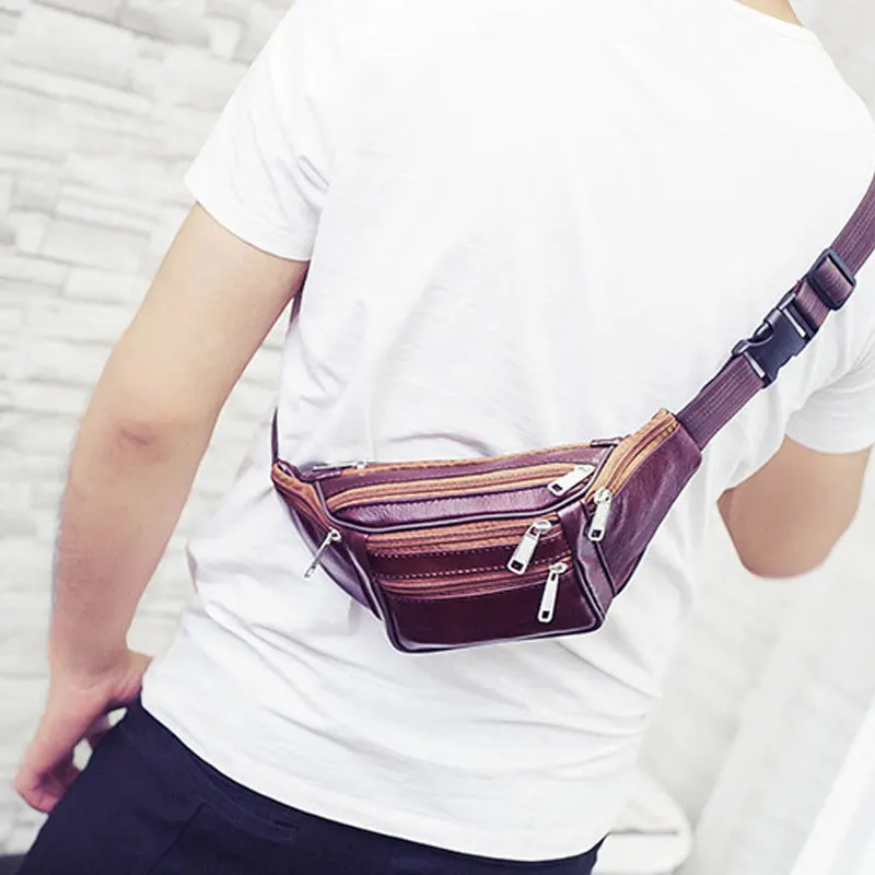 Fashion PU Leather Men Waist Packs Causal Classic Men Crossbody Bag Soft Solid Style Men Handle Handbag Sport Waist Bag