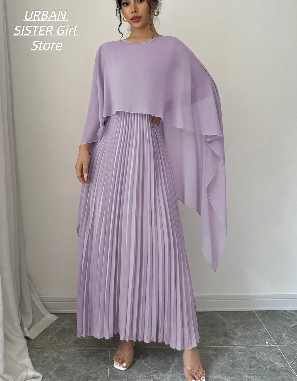 Light Purple Round-Neck Cape Shawl Long-Sleeve High-Waisted Pleated Long Dress, Gentle and Elegant Chiffon Wedding Bridesmaid Banquet Gown