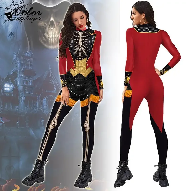 Kleur cosplayer Halloween party skelet jumpsuit cosplay kostuum unisex Zentai Purim carnaval lange mouw fancy cosplay catsuit