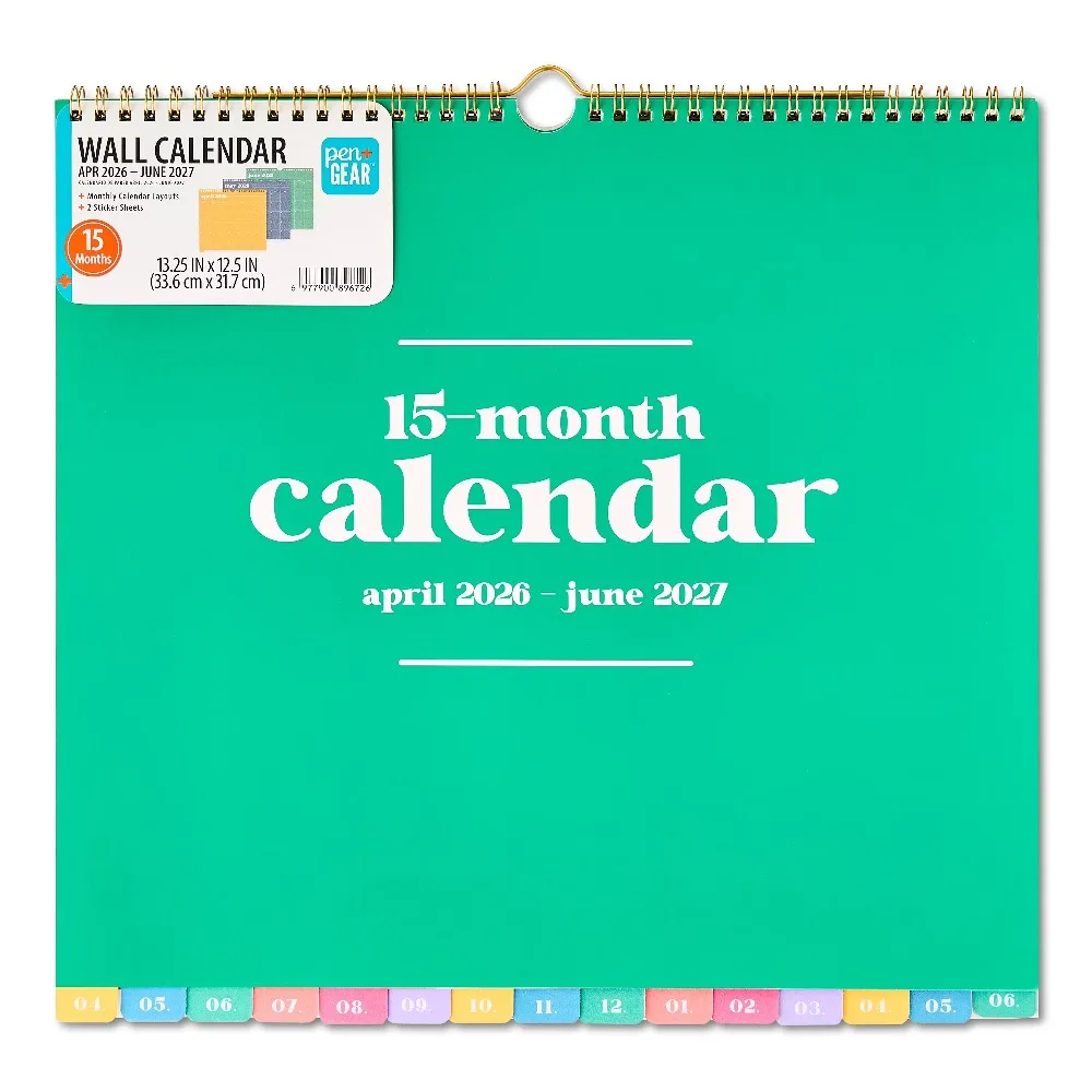 Large 15 Month Wall Calendar April 2026 to June 2027 Jumbo 13.25 x 12.5 Inch Oversized Family Planner with Bonus Sticker Set Multi Color Solid Design Big Blocks for Writing Perfect for Home Office School Planning