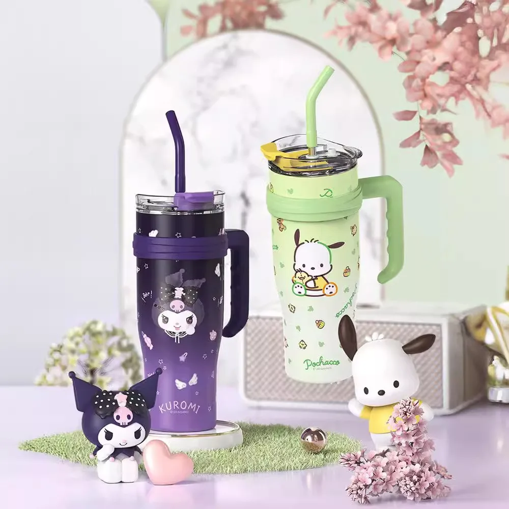 Thermos Bottle 1200ml Cute Hello Kitty Kuromi Dustproof Straw Cap Melody Stainless Steel Water Bottle Tumbler Straw Gift