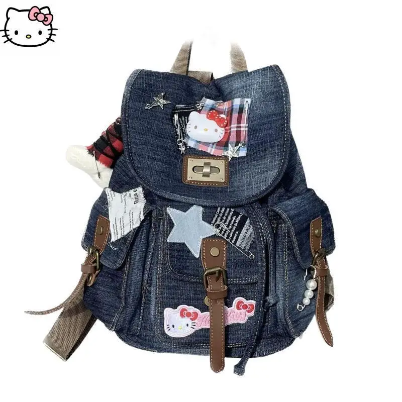 

Sanrio Backpack Hello Kitty Student Schoolbag Campus New Style Multi-Pocket Denim Collage Personality Large Capacity Backpack
