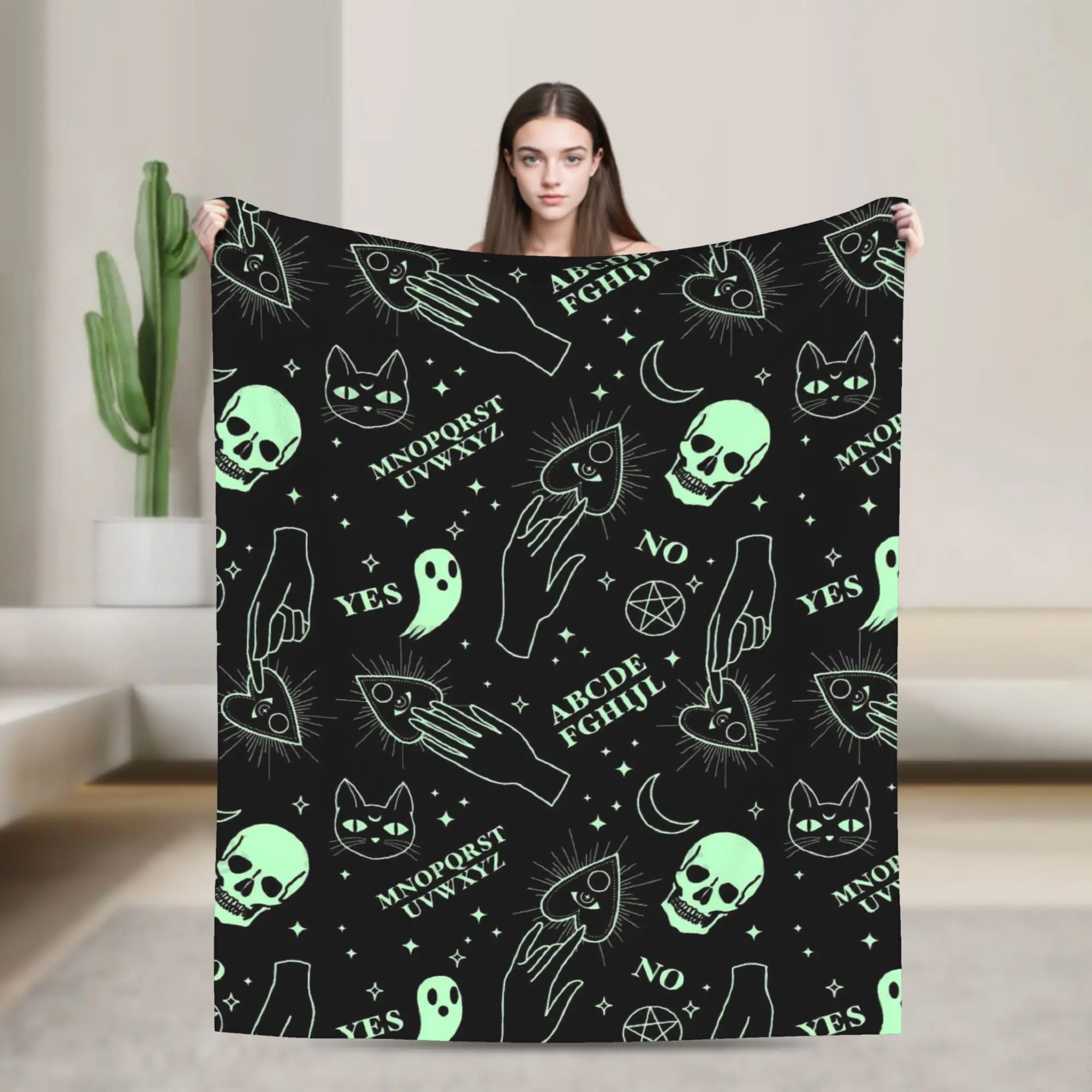 Ouija Board Knitted Blanket Mystical Skull Cat Fuzzy Throw Blanket Summer Air Conditioning Personalised Ultra-Soft Warm Bedsprea