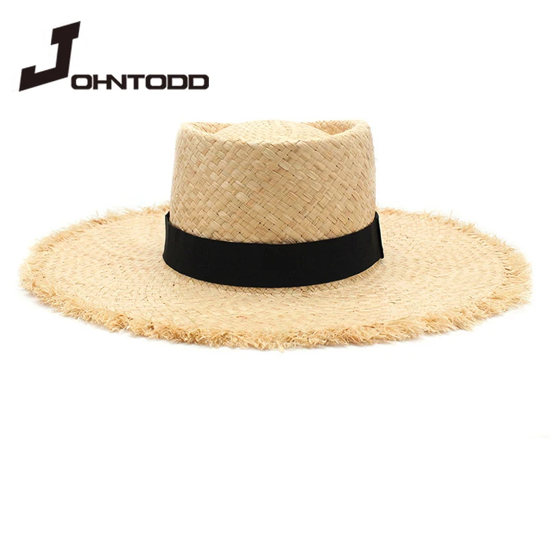 New ladies raffia hat with elegant bow Korean style straw hat women flat top panama hat UV protection summer vacation hat cap