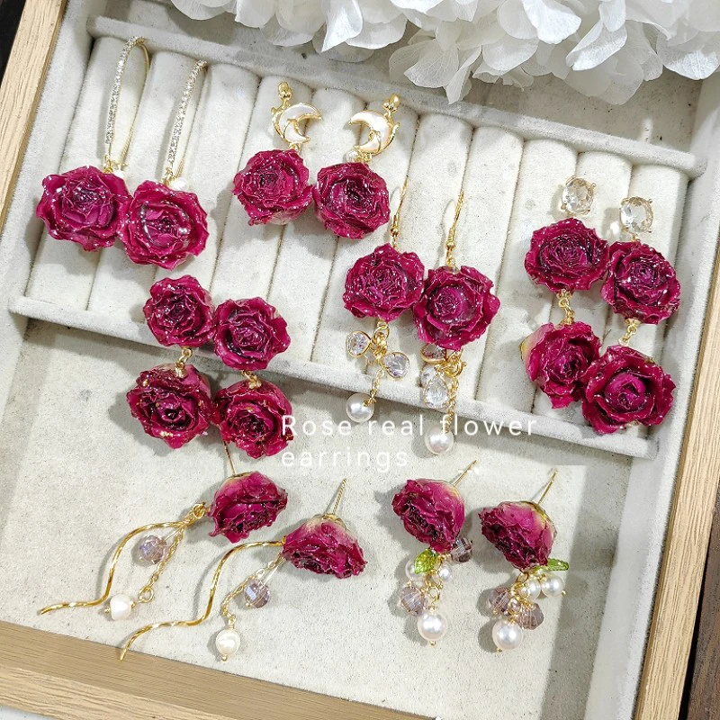 

Immortal Rose Series Elegant Earrings Unique Epoxy Resin Immortal Rose Flower Earrings Natural Rose Earrings Jewelry Wholesale