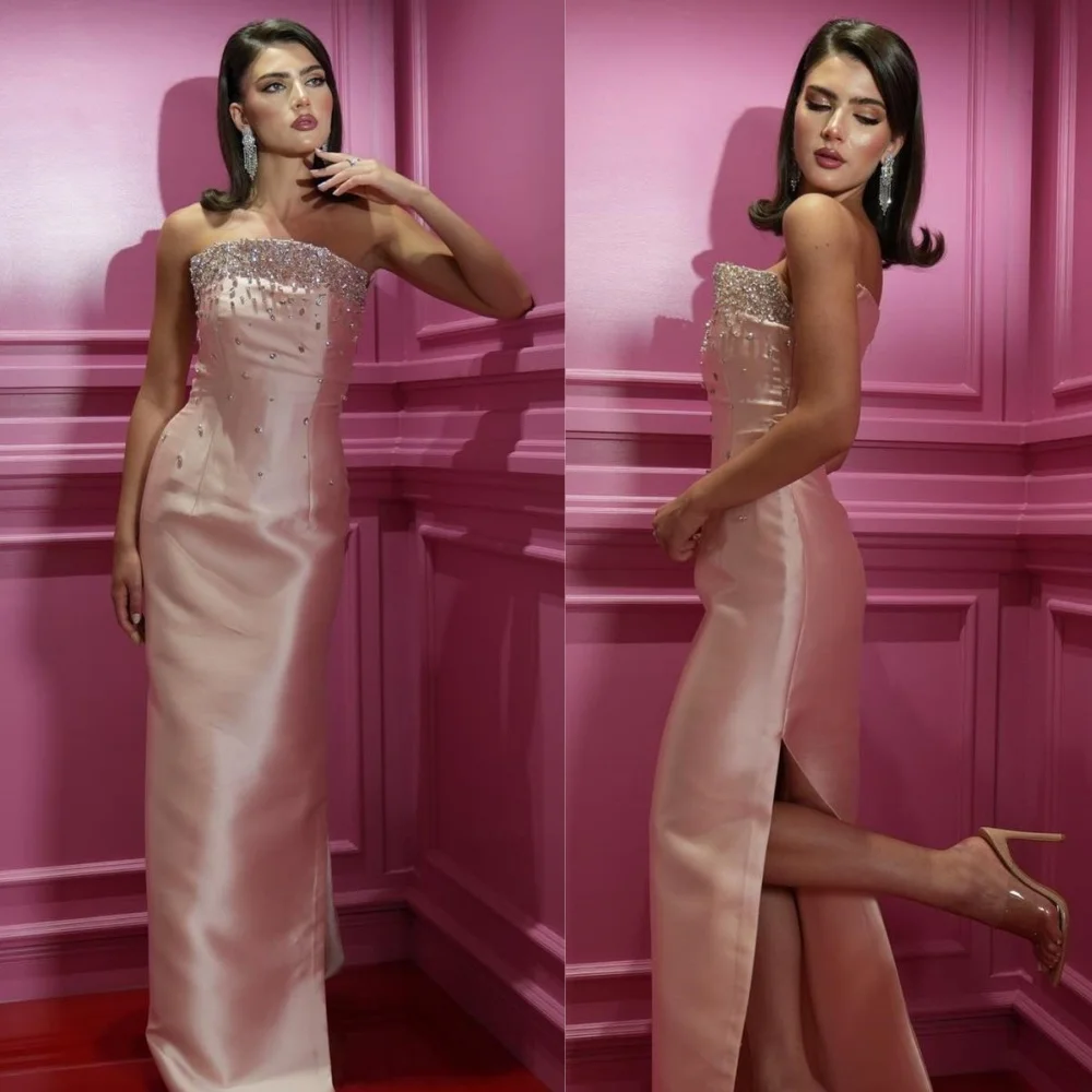 

Customized Exquisite Charmeuse Sequined Straight Strapless Long Dresses Bespoke Occasion High Quality