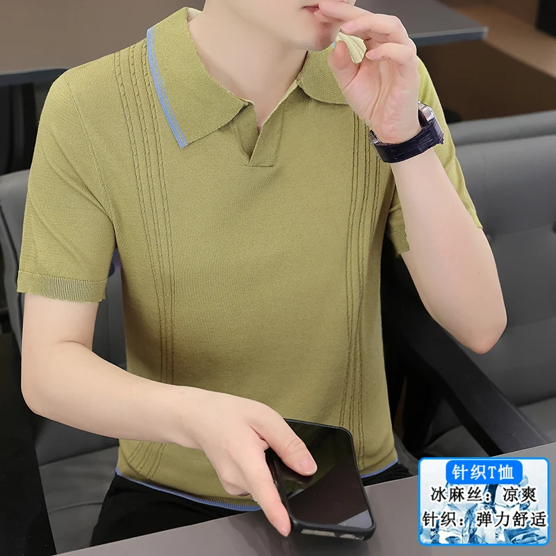 Summer Men's High-Quality Fashion Casual Knitted Linen Silk Seagull Collar Polo Shirt with Jacquard