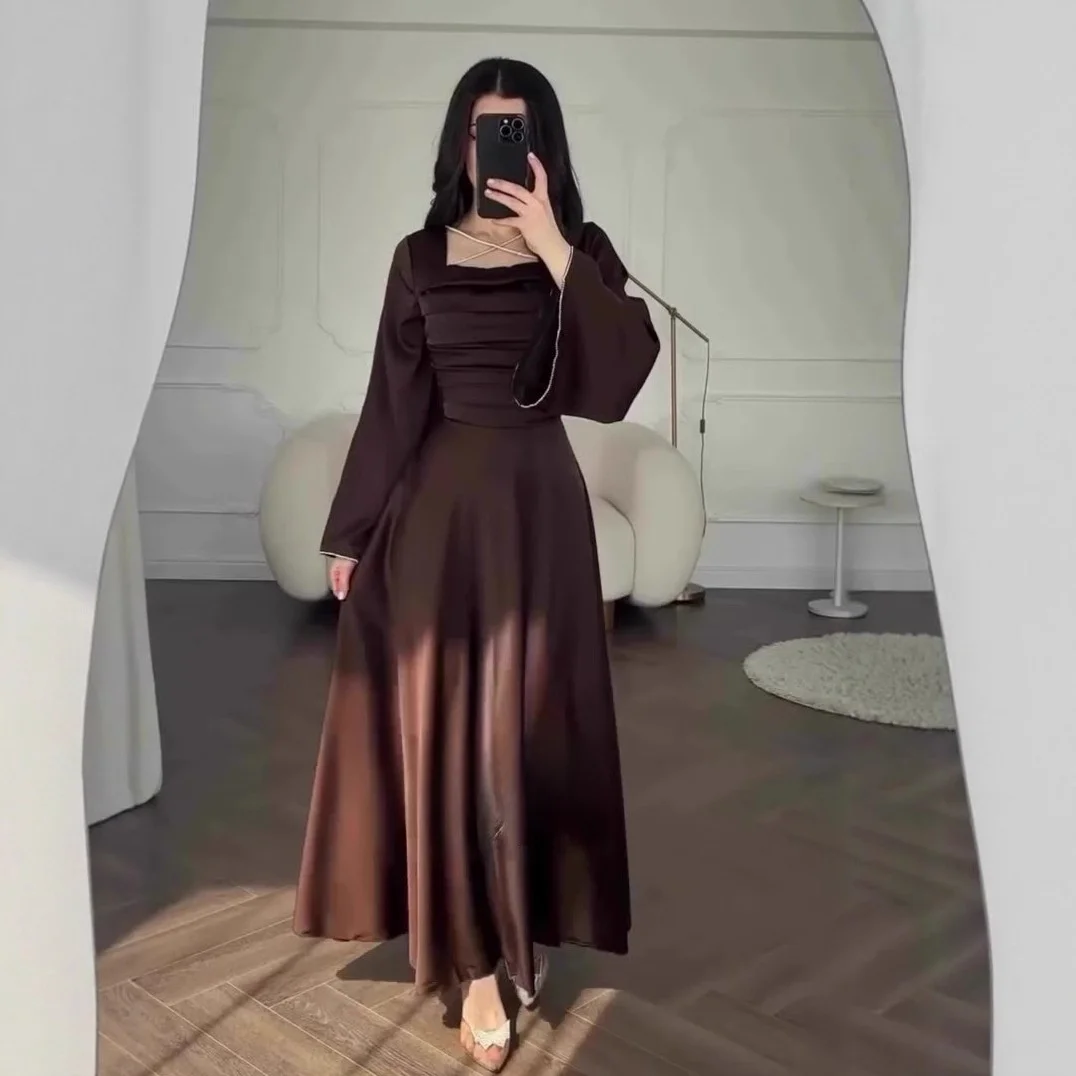 Ele Vintage Long Sve Women's Dr Waist Cinched Summer New Arrival Gown Cotton Polyester Material Fi Tail Skirt