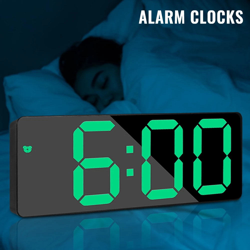 LED Mirror Display Alarm Clock Brightness Adjustable Digital Clock with Snooze Button Ultra-thin for Home Bedroom Office Decor