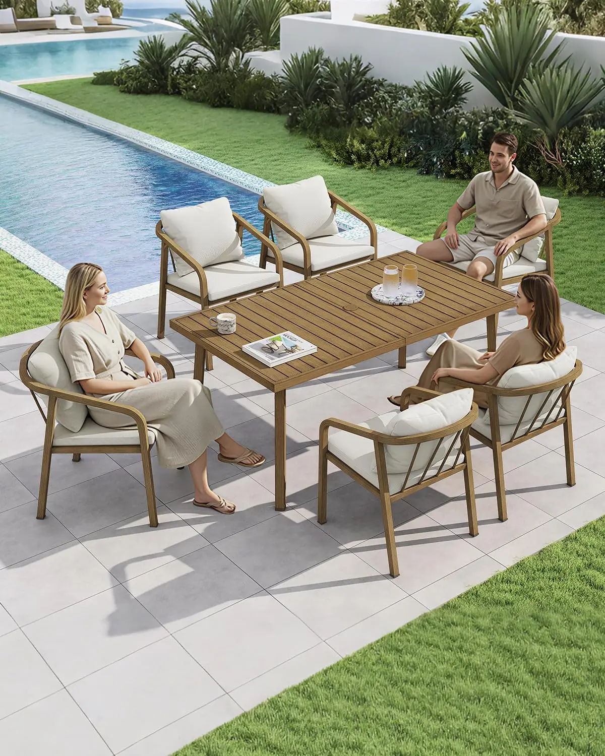 Aluminum Patio Dining Chairs 4pc with Removable Cushion, Ergonomic Wraparound Seating for Deck Lawn Garden, Teak, Customized