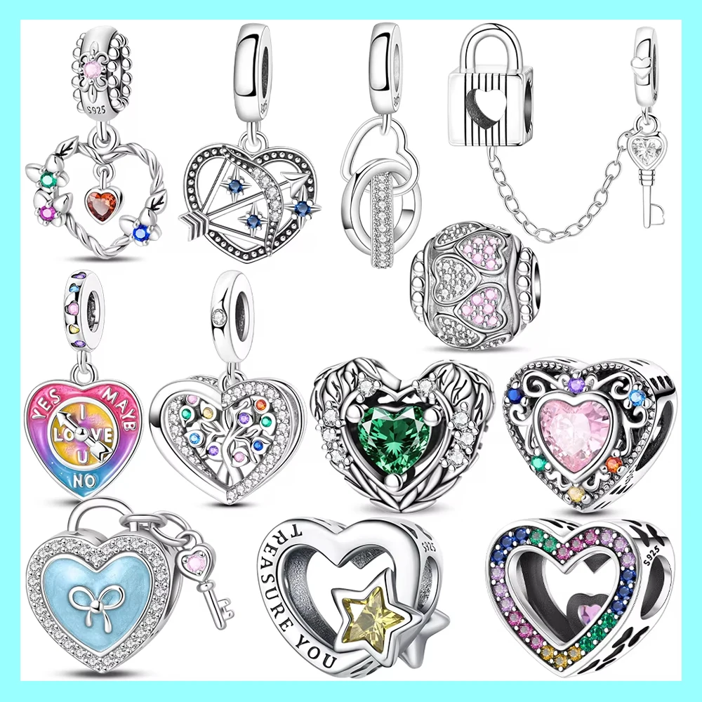 

Pink Love Heart Pendant Blue key Original Beads Fit Bracelet Charms 925 Sterling Silver Jewelry Diy Material Accessories Bag