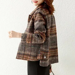 2024 Short Plaid Woolen Coat Women Fashion New All-Match Loose Single-Breasted Outwear Casual Woolen Coat Casaco Feminino 5XL