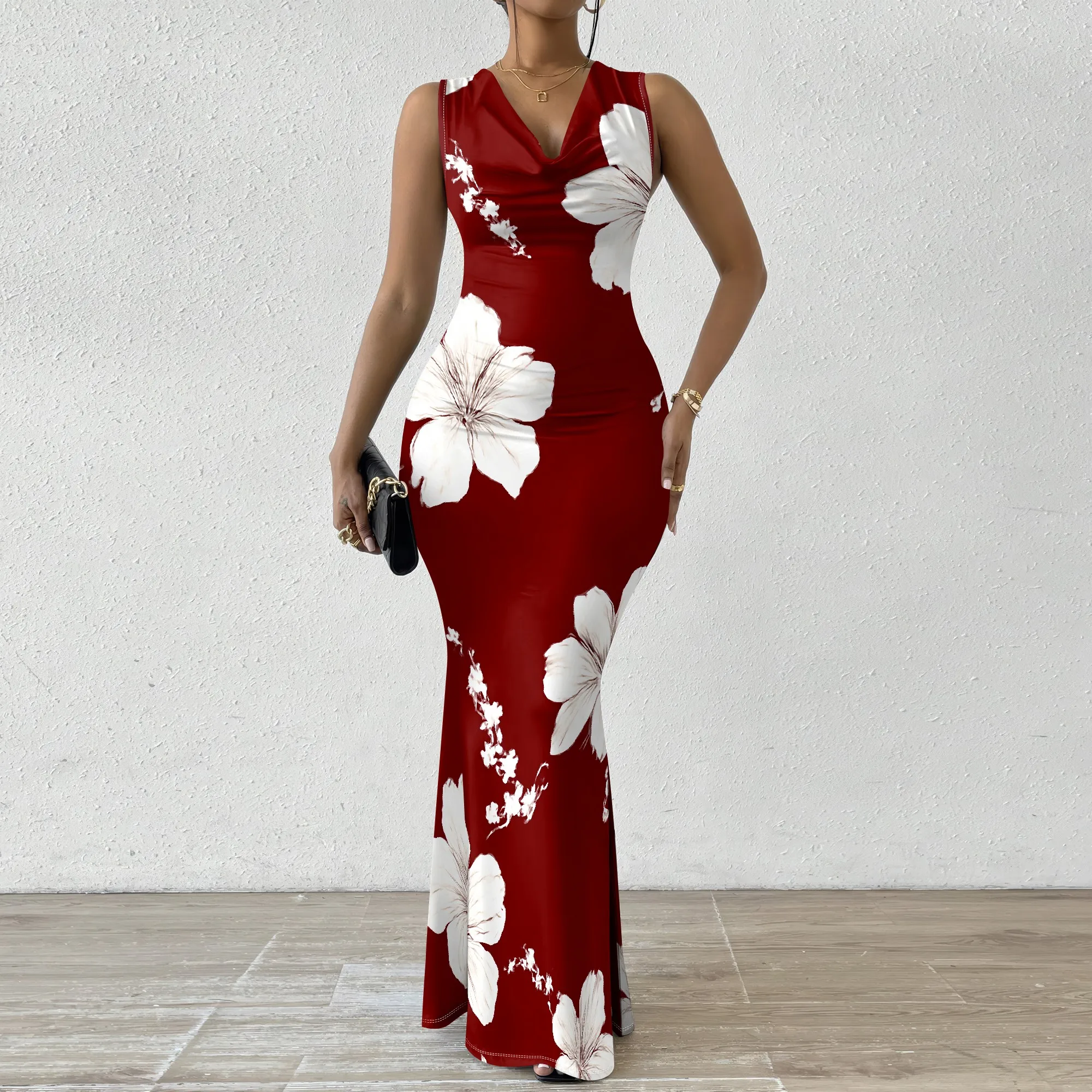 

Elegant Floral Print Maxi Dress for Women XS-2XL Sleeveless Bodycon V-Neck Dress for Beach Vacation & Summer Events