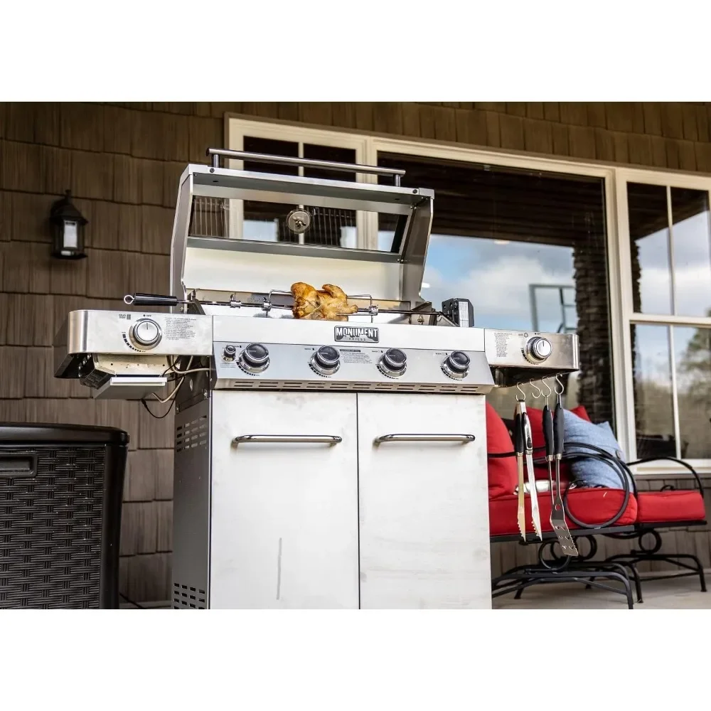 Larger 4-Burner Propane Gas Grills with Infrared Side Sear & Side Burners with Stainless Steel Rotisserie Kit, Outdoor BBQ
