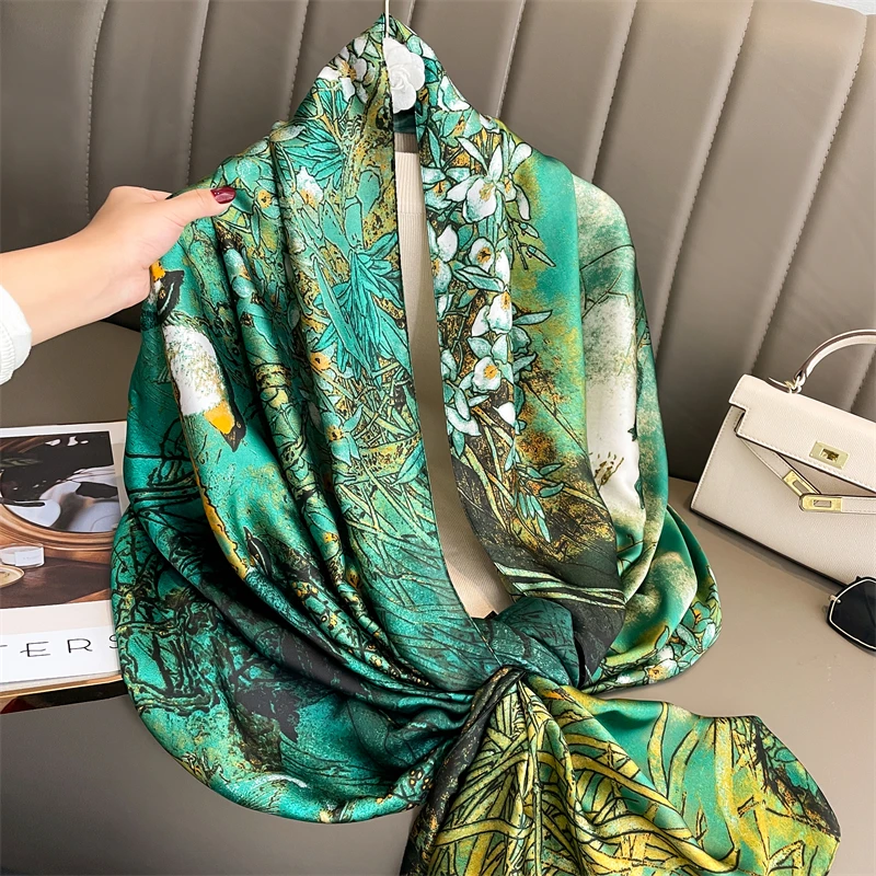 Fashion 180x90cm Satin Silk Scarf Women Luxury Large Shawl Wrap Muslim Hijab Headband Beach Stoles Female Bandana Foulard Turban