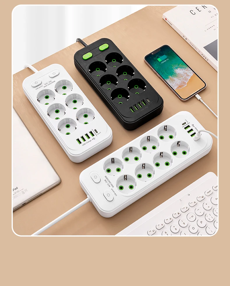 EU-Stecker Mehrfachsteckdose mit 2m Verlängerungskabel, Elektrische Steckdose mit Smart-USB, Überspannungsschutz und Netzwerkfilter für Zuhause und Büro – Detail 21