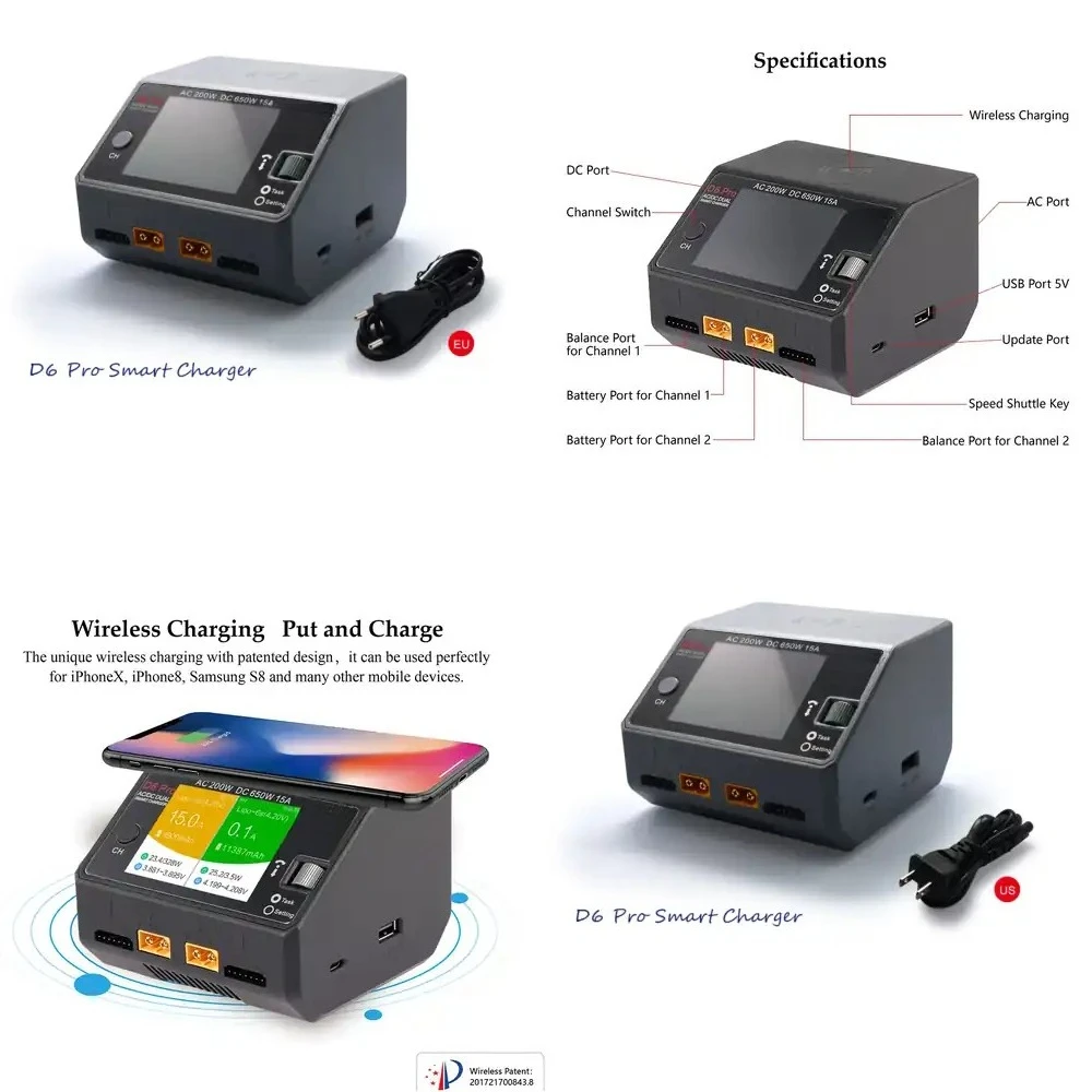 

D6 Pro Charger for RC Car Parts AC200W DC650W 15A 1S to 6S Lipo NiMH Battery Charger Wireless Phone Charging Smart