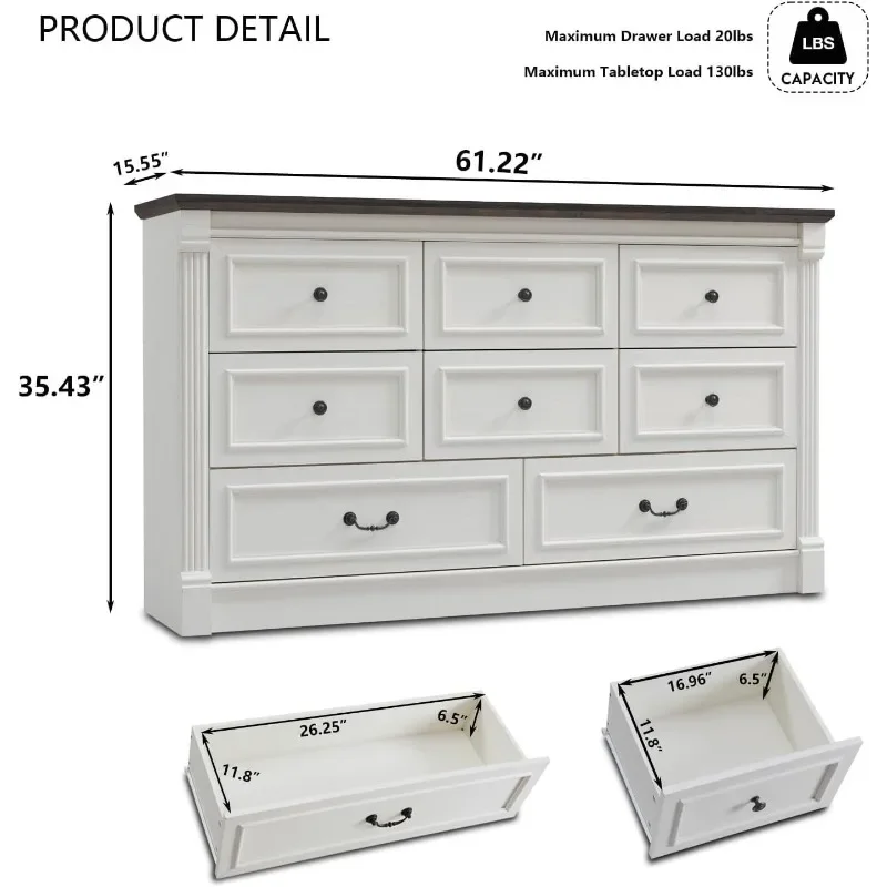 Aitjunz Farmhouse Drawers Dresser for Bedroom, Wide Large Dressers & Chests of Drawers w/Roman Column,Storage Dressers Organizer