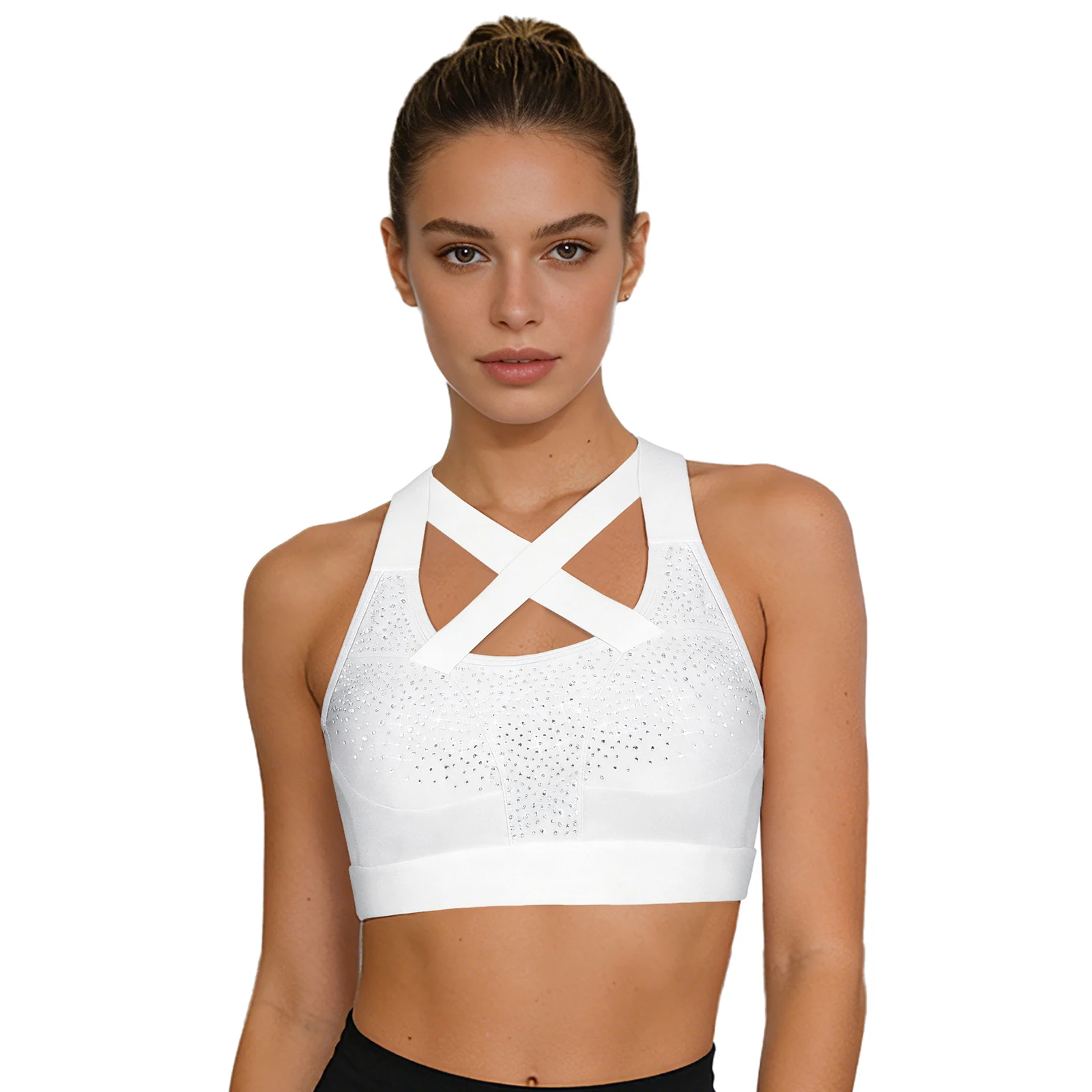 Yoga-Tops für Damen, Kreuz-Sport-BH, Fitnessstudio, Fitness, Workout-Tops, Sportbekleidung, ärmellos, glänzende Strasssteine, durchsichtiges Mesh-Rücken-Crop-Top